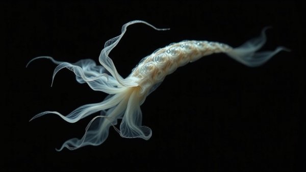 Ethereal marine creature resembling missing zombie worms in dark waters.