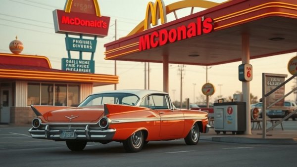 Dean Martin vintage car McDonald's drive-thru scene, 1960s retro style.