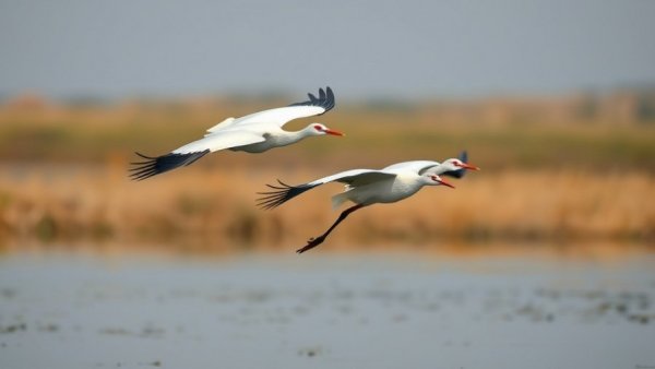 Whooping cranes fly over Texas water, highlighting conservation efforts.