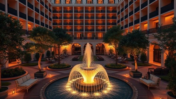 Family-friendly getaway in San Antonio with elegant hotel courtyard and evening lighting.