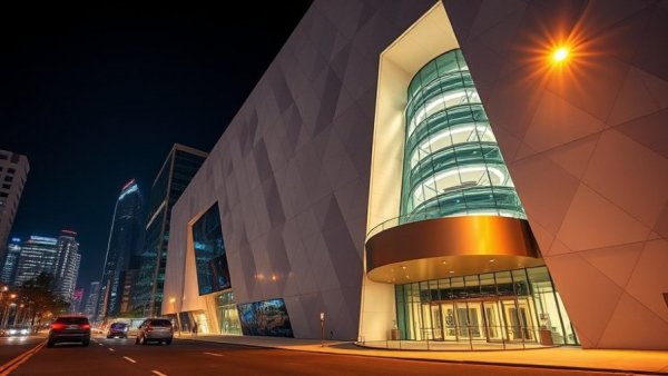 Modern building at night with American flag, Dallas business news.