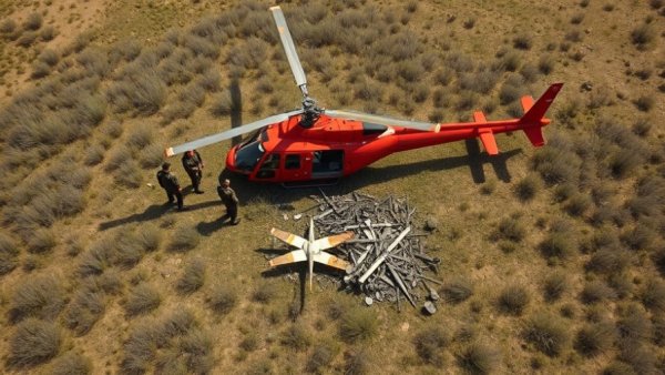 Aerial view of helicopter crash scene with investigators at the site.