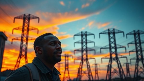 U.S. energy policy: Man speaking and power lines at sunset.