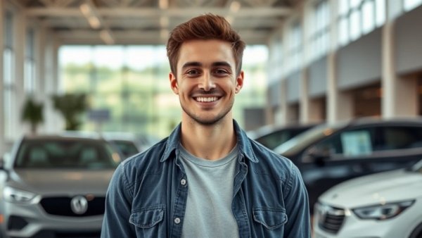 Smiling young man at car dealership for San Antonio community news.