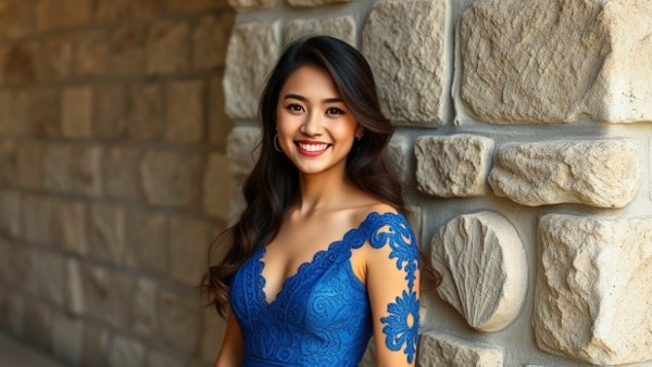Young woman in blue dress smiling by stone wall, mental health missing persons cases
