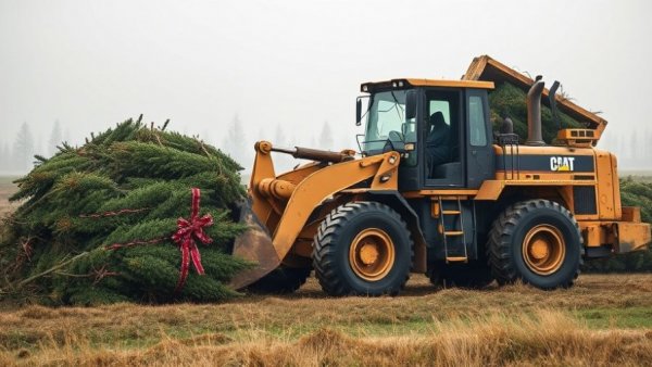 Bulldozer recycling Christmas trees in San Antonio foggy field.