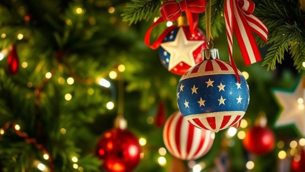 Festive scene with patriotic ornaments celebrating 2025 milestone.