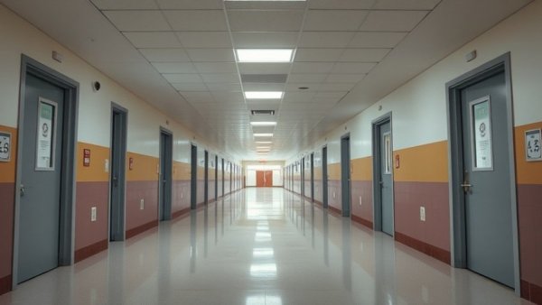 Empty school hallway with open doors, focus on accountability.