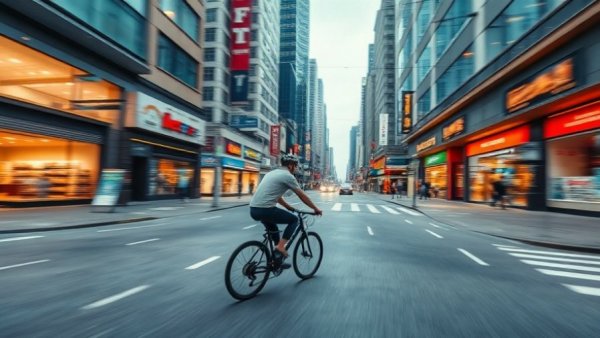 Cyclist on Sixth Street bike lanes in urban setting, vibrant colors.
