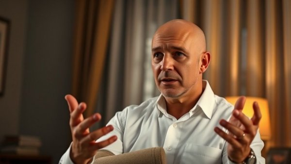 Bald man in a white shirt with an arm sling, giving an interview indoors.