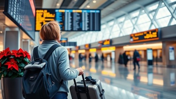 Travel delays amid severe weather shown in airport with travelers and flight board.