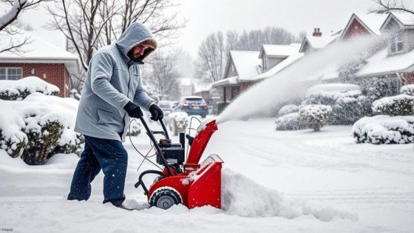 Person clearing snow with snowblower during bomb cyclone winter storm.