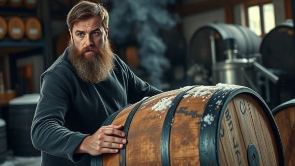 Man rolls barrel in snowy distillery during agave spirits boom.