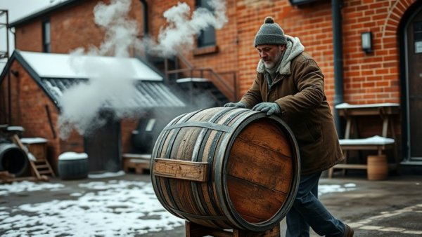 Spirits industry news: Worker rolling barrel at snowy distillery.
