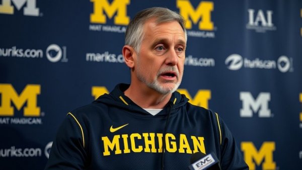 Michigan football new coach at press conference discussing rivalries.