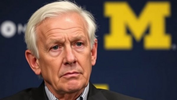 Michigan football coach speaking at press conference, thoughtful.