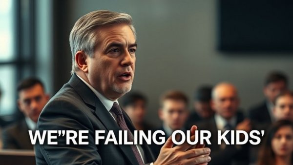 Serious man discussing DEI in education, text overlay 'WE'RE FAILING OUR KIDS'.