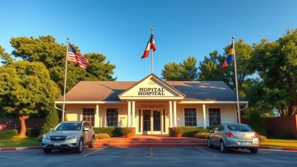 Rural hospital with flags showcasing Texas rural health care funding.