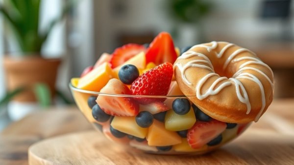 Healing breakfast foods vs unhealthy choices, vibrant fruit bowl and donut.