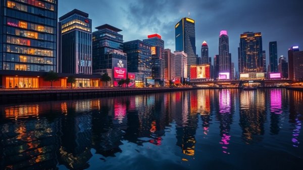 Dallas evening cityscape with colorful reflections for New Year events.