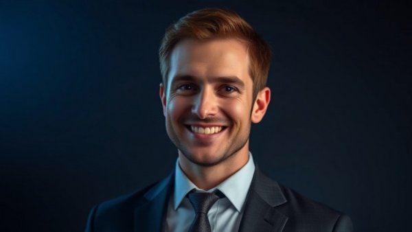 Confident man promoting mental wellness for seniors, dark background with blue glow.