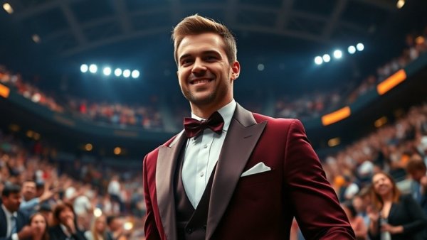 Man in tuxedo and sports fan with face cutout, Macaulay Culkin fan rules.