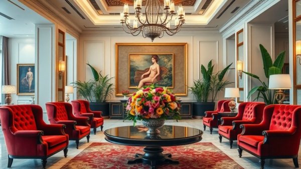Luxurious hotel lobby showcasing elegant decor and plush seating.
