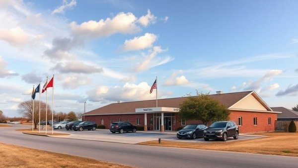 Rural Texas hospital entrance with flags and parked cars, illustrating healthcare setting.