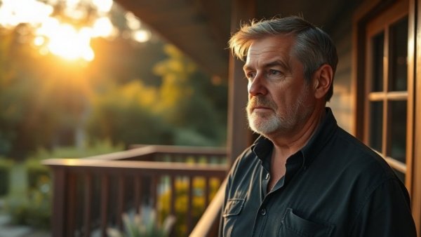 Middle-aged man contemplating outside a Texas house at sunset.