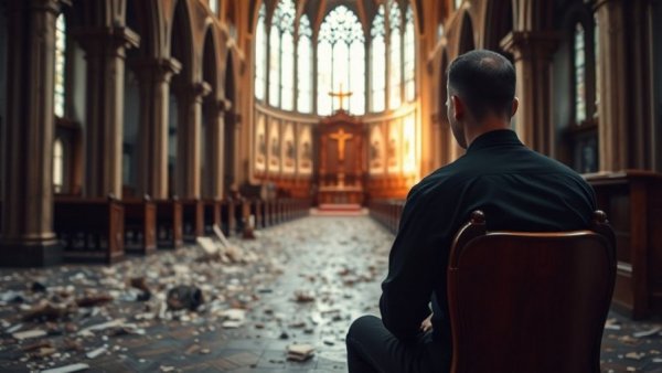 Damage in church interiors and solemn figure post-US airstrikes in Nigeria, December 2025.