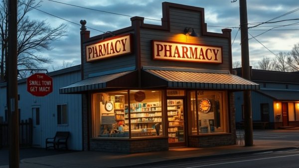 Texas rural health care funding illustrated by cozy small-town pharmacy at dusk.