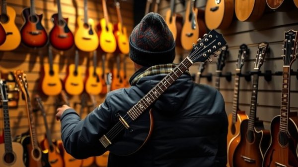 Thief returning stolen mandolins in music store, photorealistic.