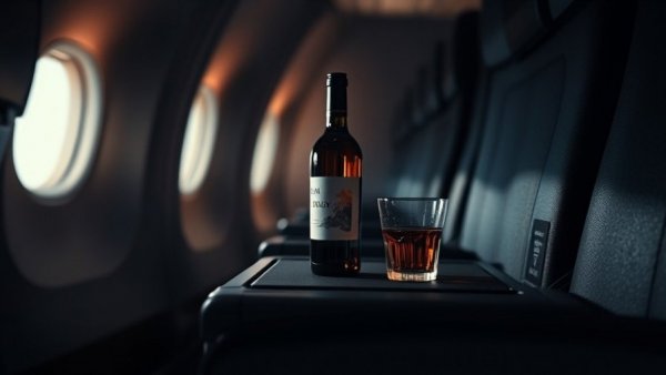 Airplane tray with wine bottle and cup, highlighting health and wellness while flying.