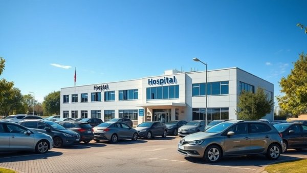 Rural hospital in Texas showing infrastructure and multiple parked cars under a clear sky