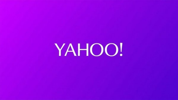 Yahoo logo on purple background.