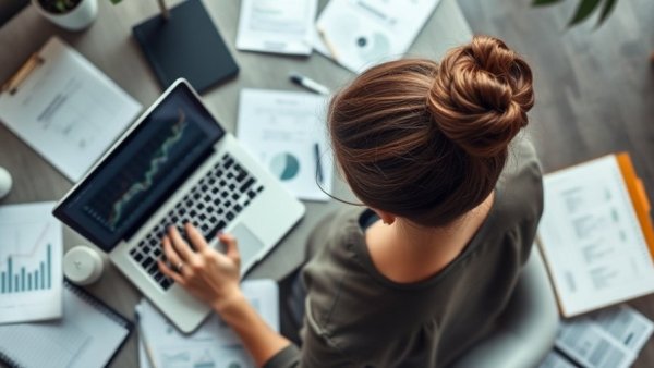 Woman focused on laptop screen with graphs, working in office.