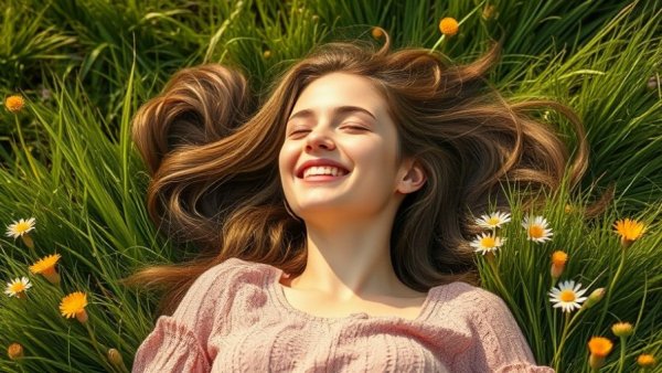 Woman enjoying earthing health benefits lying on grass.