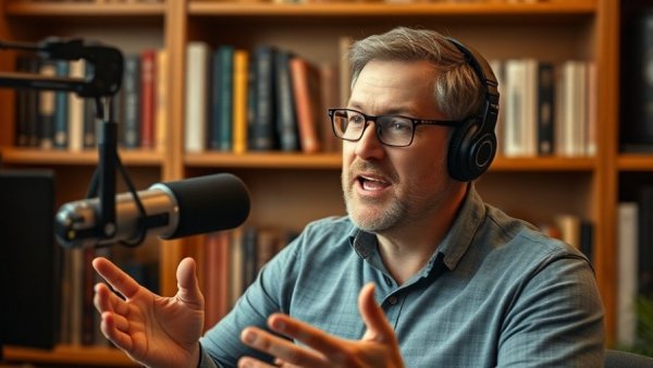 Man speaking in a podcast studio with bookshelf background.