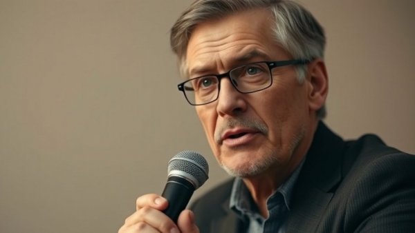 Confident middle-aged individual speaking into a microphone, mental health for seniors discussion.