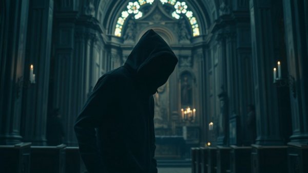 Suspected church burglary before Christmas involving hooded figure near altar.