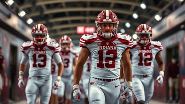 Indiana Hoosiers football players in tunnel with focused mindset.