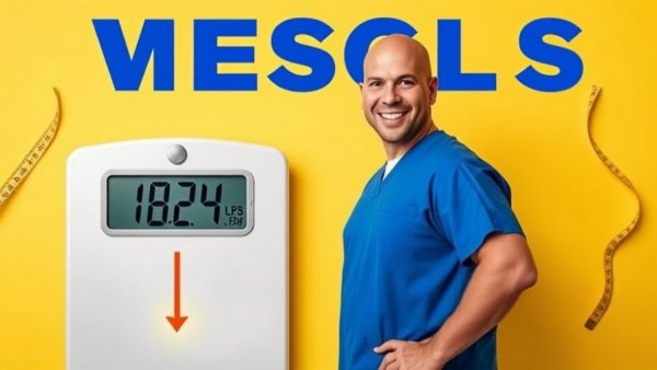 Weight fluctuations and hydration concept with scale and man in scrubs.