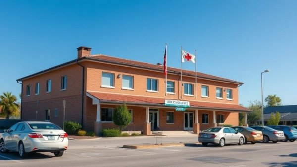 Rural hospital building under clear sky with flags, emphasizing federal funds for rural health care.