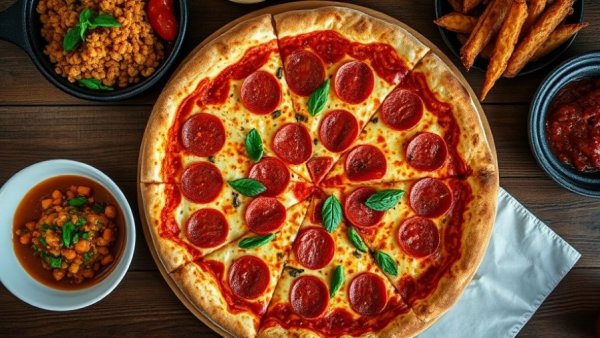 Assorted dishes from Sally's Apizza San Antonio on wooden table.