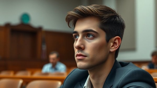 Young man in court, thoughtful, neutral setting, natural light.