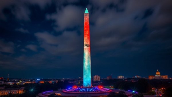 Washington Monument 250th Anniversary Celebration with colorful lights