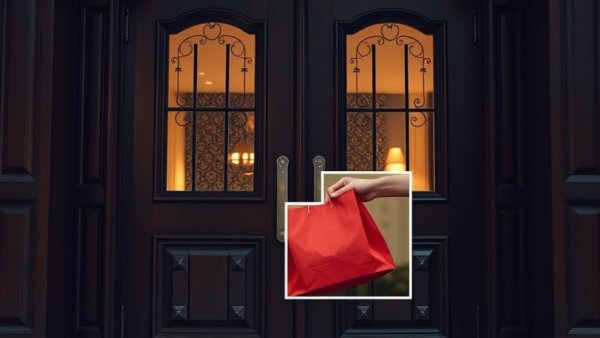 DoorDash driver scam concept showing delivery at dark wooden doors.