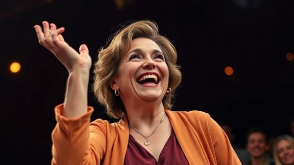 Confident woman celebrating on stage relating to 2025 election results.