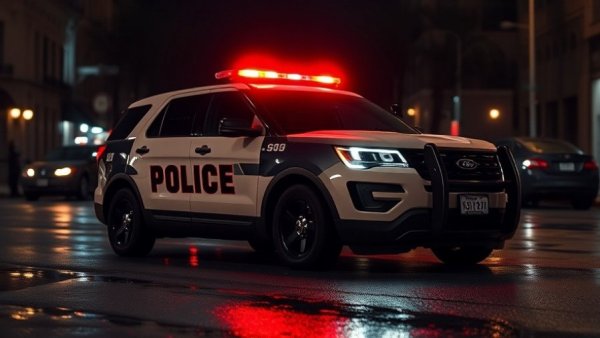 San Antonio police SUV on wet street with flashing lights, urban night scene.