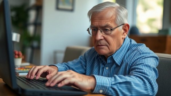 Concerned elderly male with keyboard typing, highlighting online safety issue.